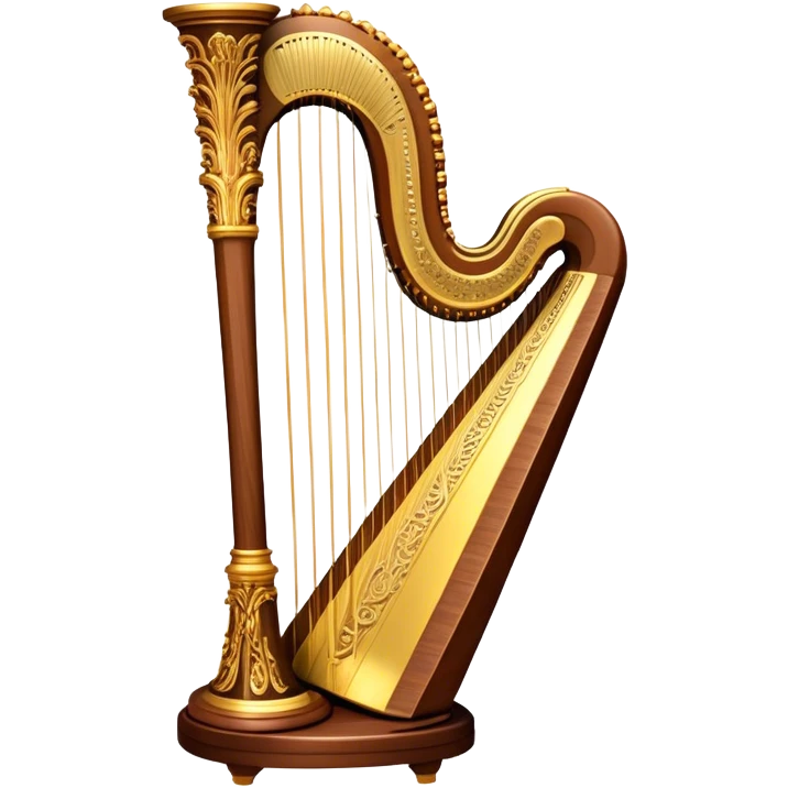 Create a luxurious and elegant emoji representing the LOUIS XV SPECIAL harp by the American manufacturer Lion & Healy. The design should feature the intricate, ornate frame of the harp with beautifully detailed carvings, highlighting the classical Louis XV style. Add golden strings and a subtle glimmer to evoke the high-end craftsmanship. Include delicate accents like musical notes flowing around the instrument to symbolize its melodic sound. Use warm, rich colors like gold, mahogany, and deep wood tones to reflect its luxurious and classical design. The background should be transparent. emoji
