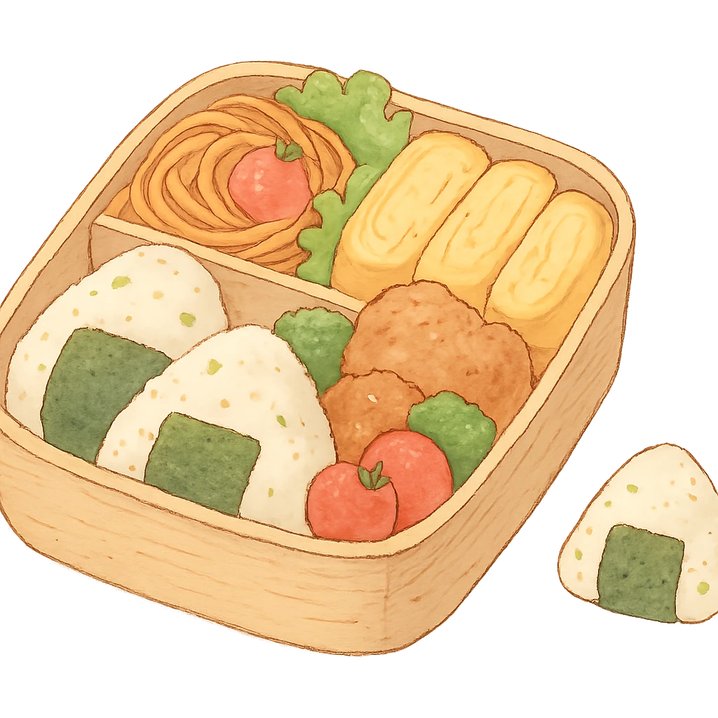 Japanese style bento box, soft pastel kawaii hand-drawn, full object, transparent background, with a tiny onigiri emoji