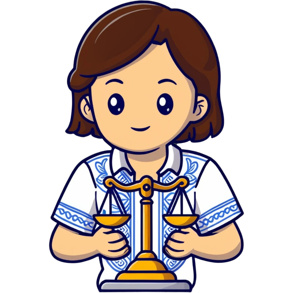 A Ukrainian girl with brown hair in an embroidered shirt holds the scales of truth in her hand emoji