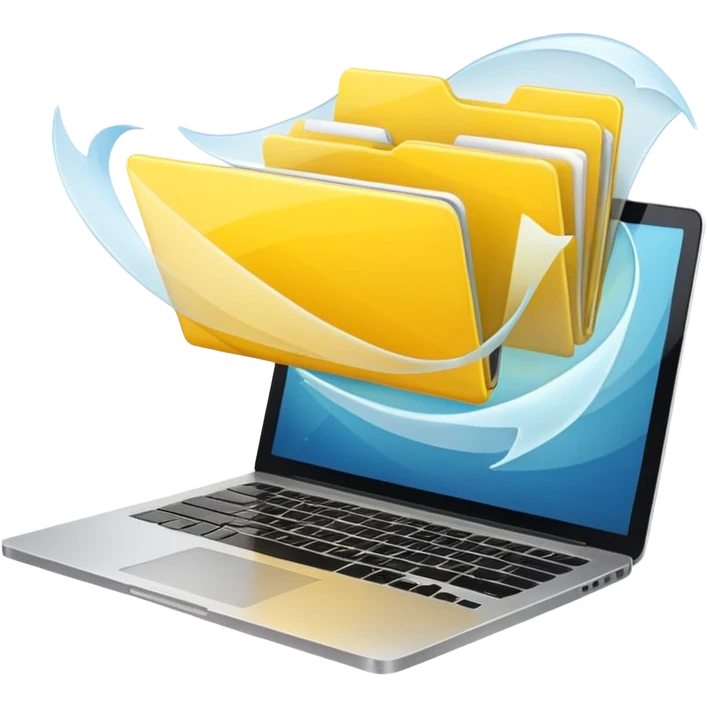 An open laptop with yellow folders containing data flying out. emoji