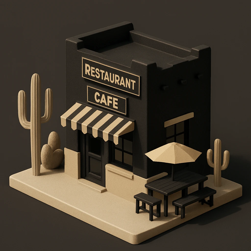 isometric exterior of a little southwestern restaurant, black, beige, and white color palette, dollhouse style, 3D realistic emoji