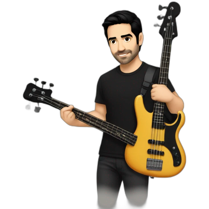 Alfonso Herrera, very strong, short black hair, wearing a black shirt, playing electric bass emoji