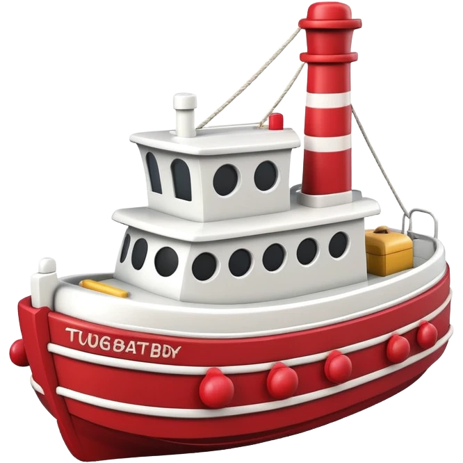 A wooden toy tugboat with a happy face and rosy cheeks emoji