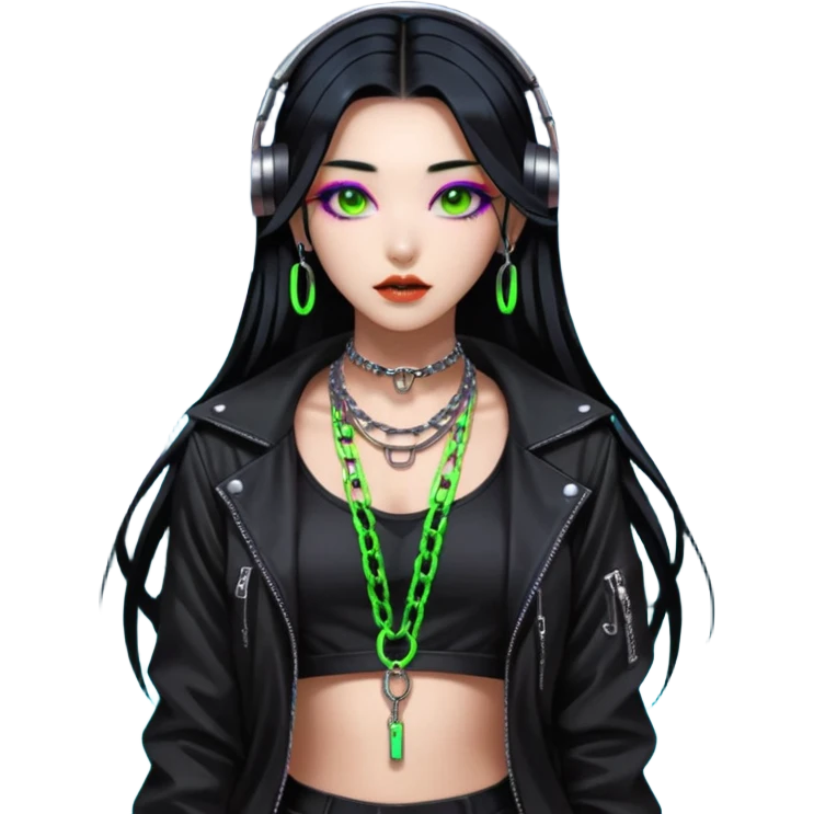  korean-techno-dj-girl,-wearing-a-stylish-edgy-outfit-with-metallic-chains,-long-black-hair,-performing-in-a-neon-lit-underground-club,-cyberpunk-aesthetic,-high-detail-3d-emoji-style,-energetic-and emoji