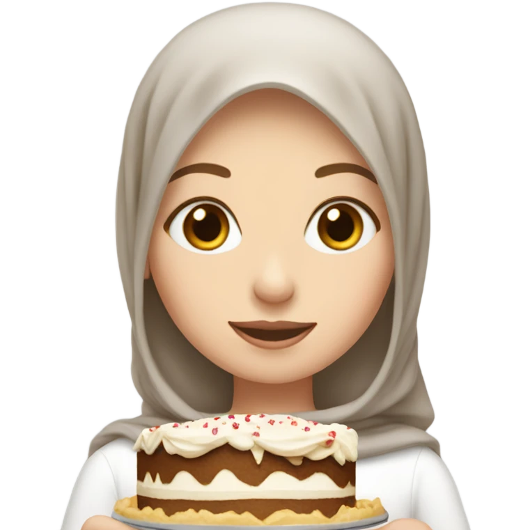 white girl with light brown hijab and eating cake emoji