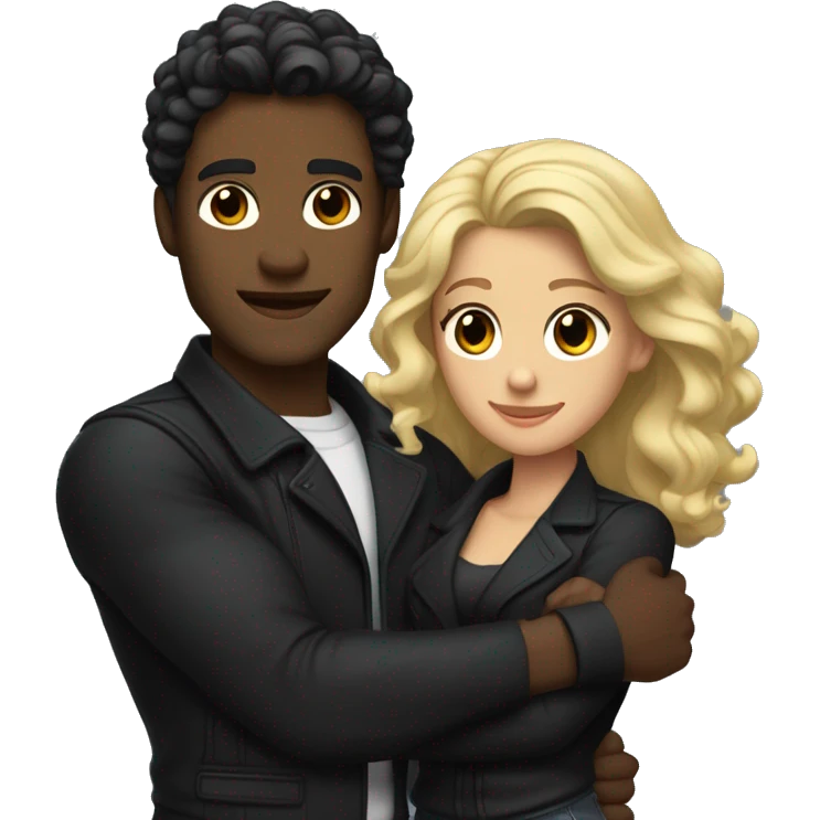 A muscular, well-shaped, slightly dark-skinned man with wavy hair and a black jacket. and a woman with light blonde and black hair hugging him. emoji