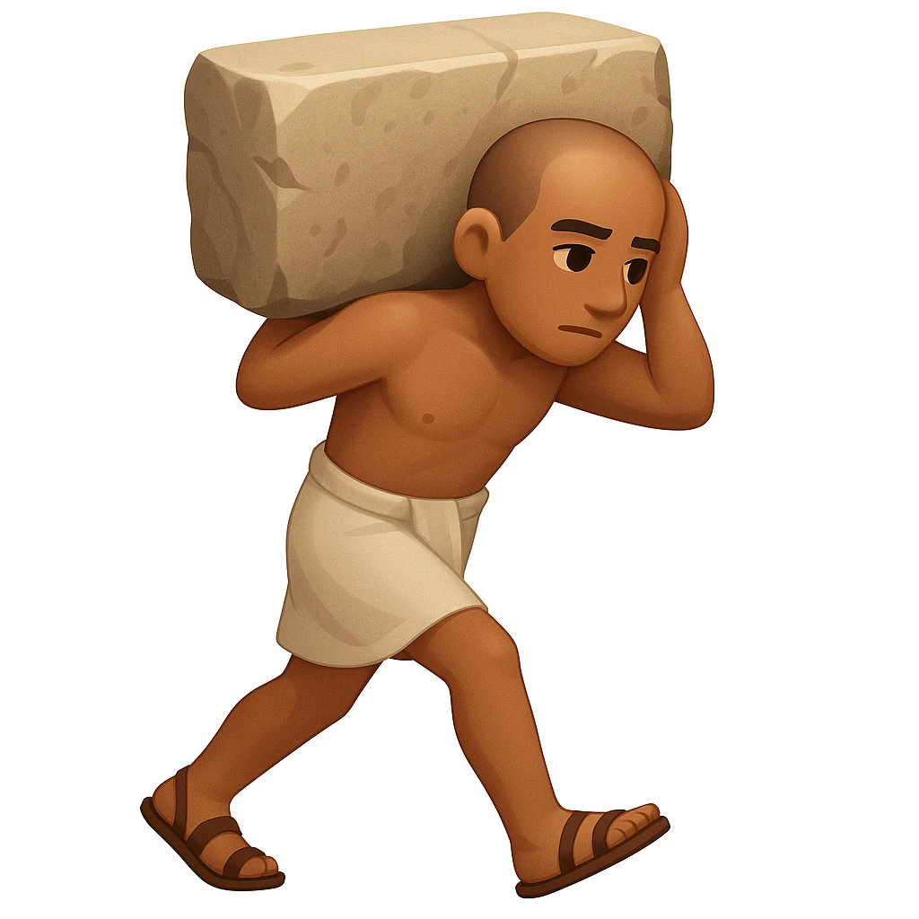 Create a fullbody ancient Egyptian worker, no fancy hat, carrying a rock block on their back, walking. The style should resemble emoji style with simple and concise features. emoji