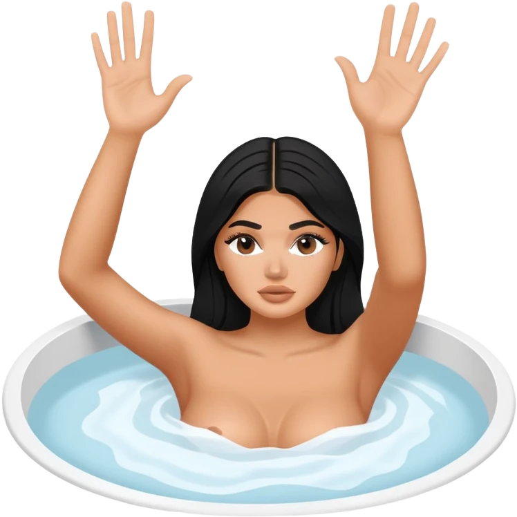 Kylie Jenner in jacuzzi with one hand raised up and other hand holding onto the edge of the jacuzzi emoji