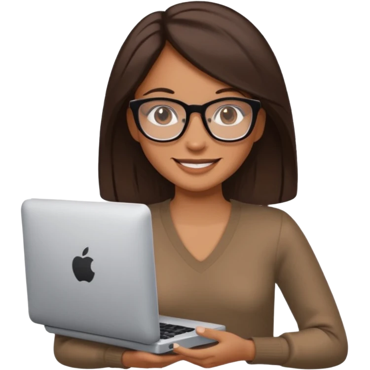woman with tan skin, chest-length straight dark-brown hair and glasses, smiling and holding mac computer emoji