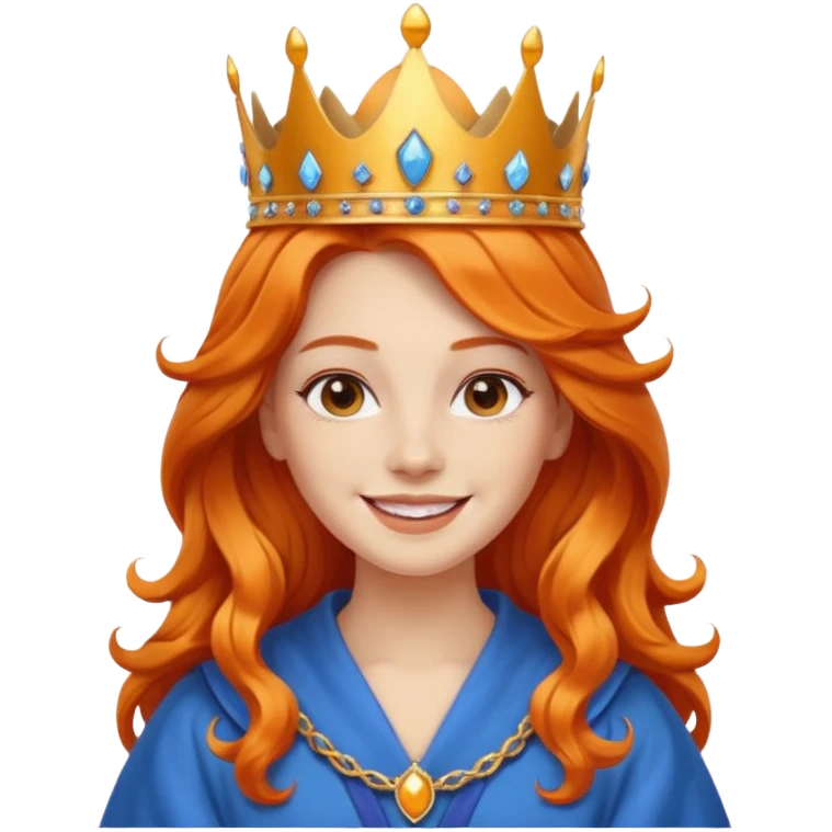 young queen white skin, long wavy orange hair, bright smile, wearing crown and blue robe emoji emoji