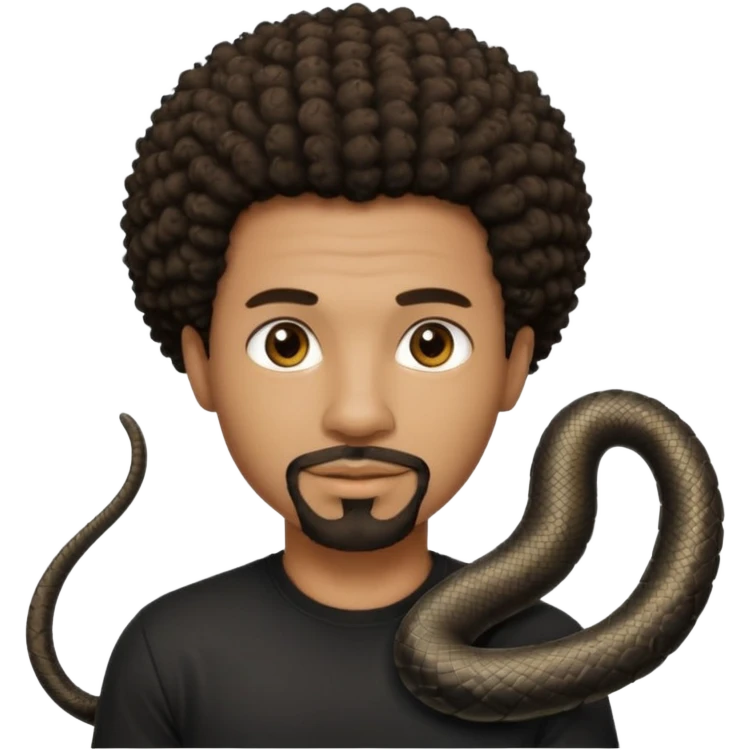 Homme noir, yeux marron avec un bouc sans la moustache, cheveux court et bouclé crépus avec un dégradé sur le côté, avec un cobra à côté , t-shirt noir  emoji