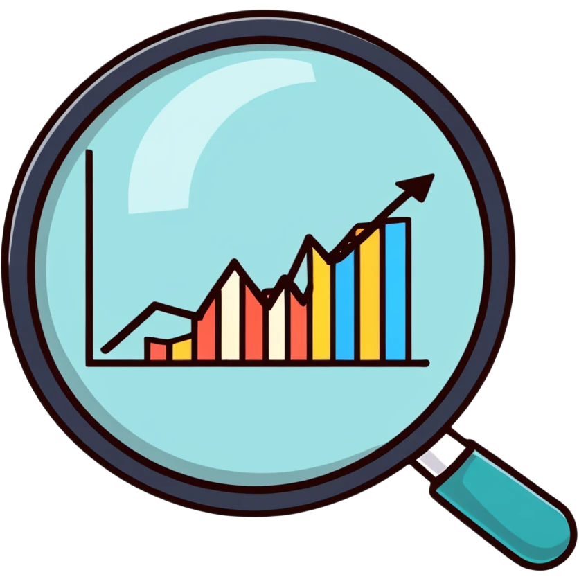 cartoon magnifying glass examining a negative trend chart emoji