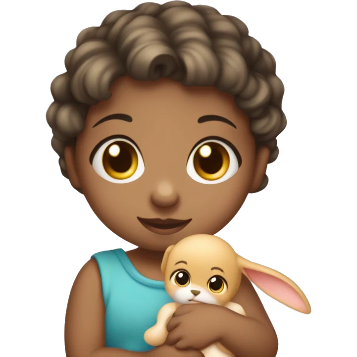 Niña 18 meses, con chupete y con un conejo de trapo en la mano emoji