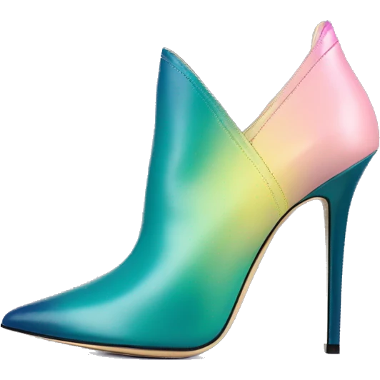 Realistic isolated top view of a pair of dark teal,pastel pink,pastel purple,and yellow ombre Jimmy Choo stiletto peep toe ankle boots. emoji