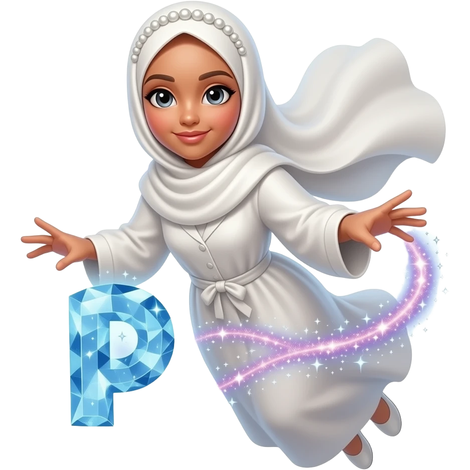 A beautiful woman in a pearl-white satin hijab flying her left around a glowing Patreon logo made of crystalline light. Swirling trails of celestial energy and stardust surround her hands. Text: 'What do they get in?'. Isolated on white, soft pastel colors, 3D icon style, ultra-detailed emoji