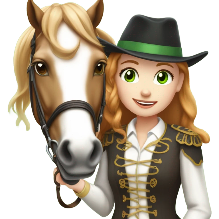 Extremely attractive and feminine white teen girl with green eyes and medium length strawberry blonde hair wearing traditional English riding attire giving a treat to a brown and white paint horse emoji