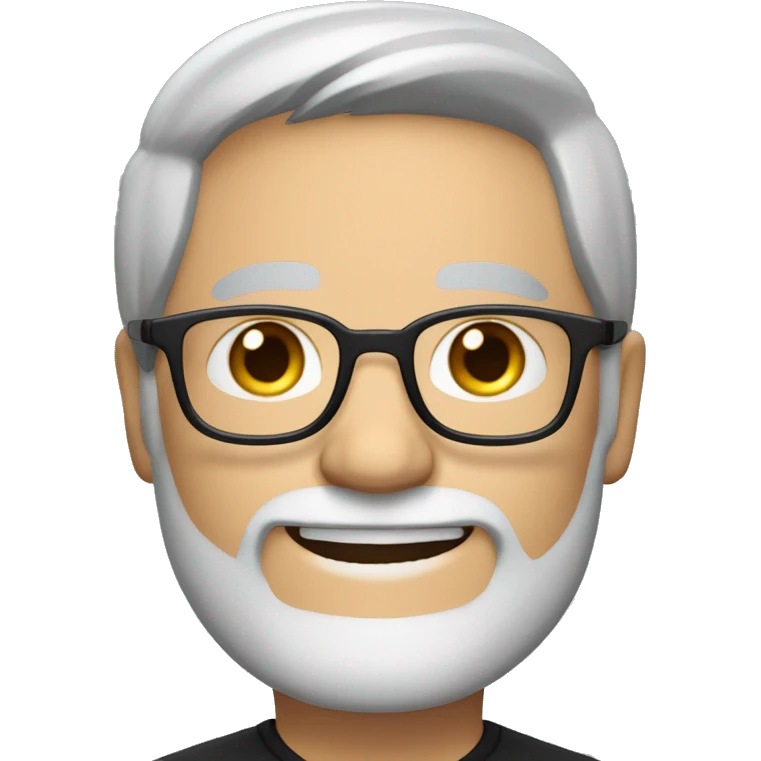 he is 45 years old with rectangular glasses, fair skin, a beard, gray hair, brown eyes. He wears a black hoodie with a chat bubble and inside says Hello with a big smile
 emoji