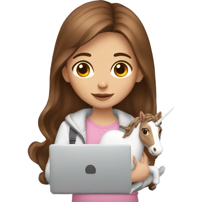 Brown hair girl holding a unicorn and a laptop emoji