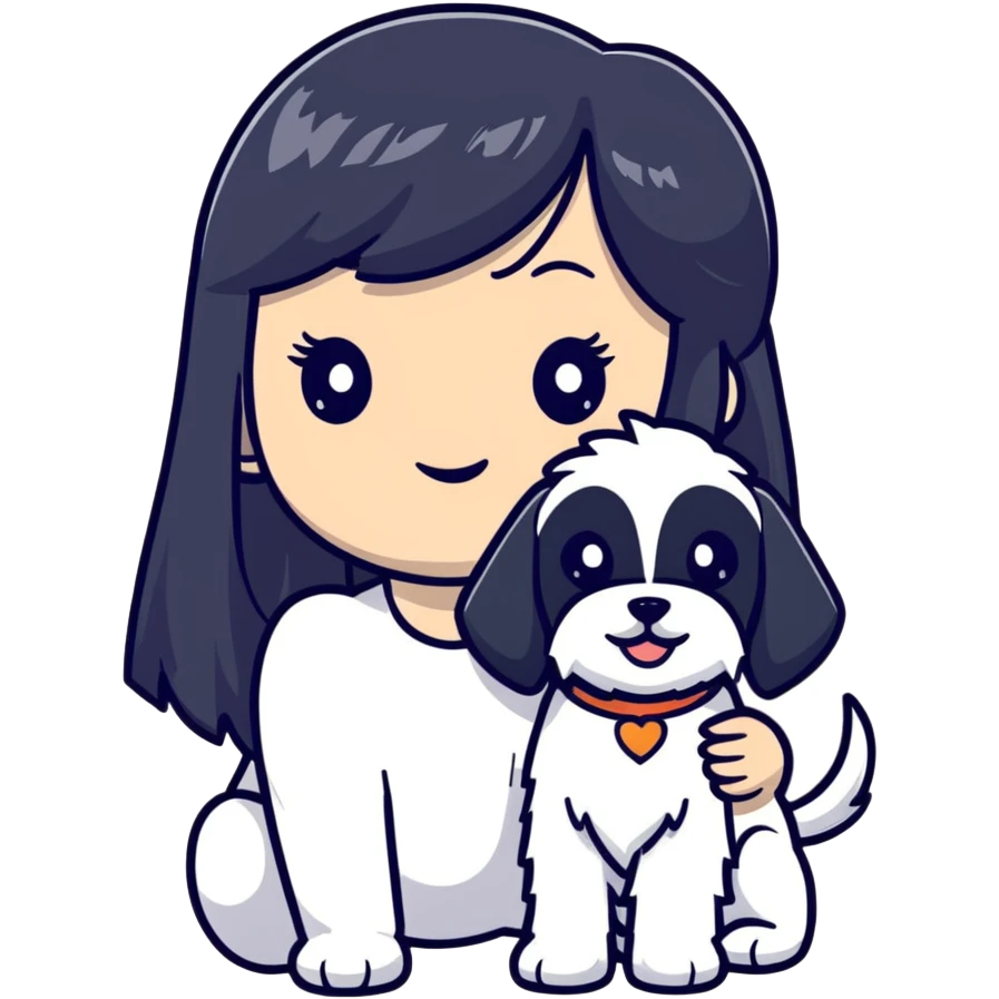Girl with long black hair and bangs holding a white schnauzer dog emoji