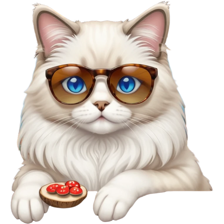 One ragdoll cat with sunglasses selling mushrooms in a bar emoji
