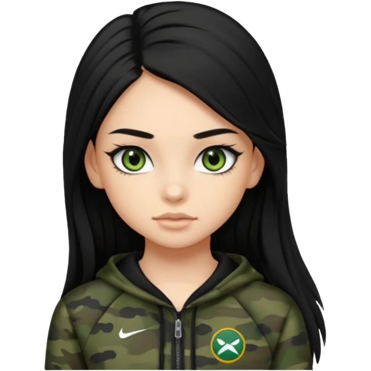 cute teenage girl, cute athletic clothes, light tan skin, dark camo green eyes, long black hair, very long eyelashes emoji