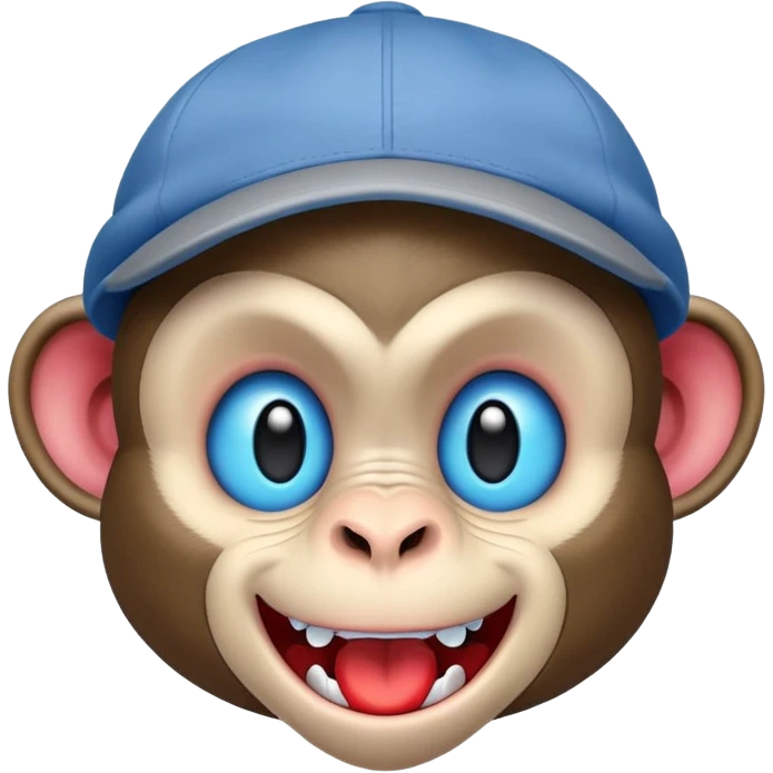 A mischievous cartoon monkey, sporting a cheeky grin and sharp teeth, dominates the image, exuding an aura of playful irreverence. Its skin is a pale tone with bold black markings, and piercing blue and red eyes suggest a cunning personality. Topped with a gray cap,  emoji