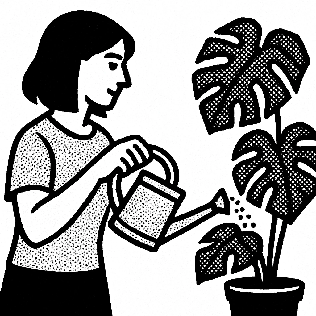 woman watering her monstera plant emoji