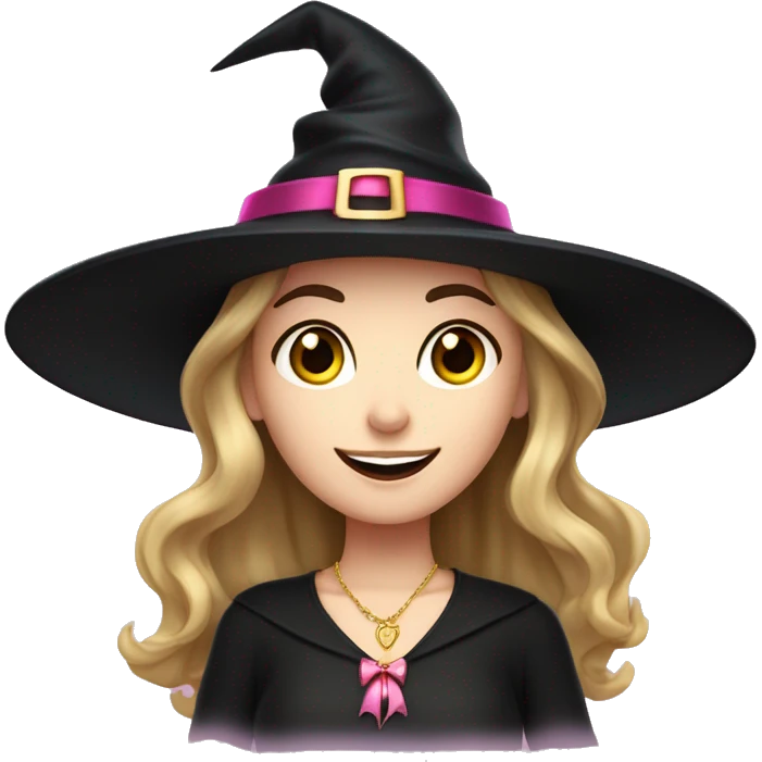 Witchy light brunette haired white girl with a witty smile a gold necklace and a black witch hat with a pink bow emoji