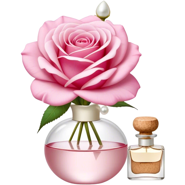 a beautiful aesthetic single rose in white and pink with an ivory bow and a pearl white perfume bottle with a white daisy on the cork emoji