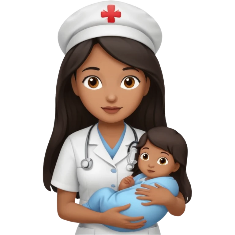 Female nurse with long dark hair with medium brown skin and brown eyes holding a baby emoji