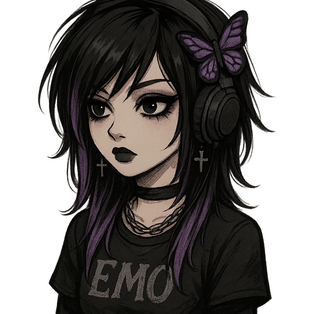 emo girl with headphones, purple highlights, butterfly hairpin emoji