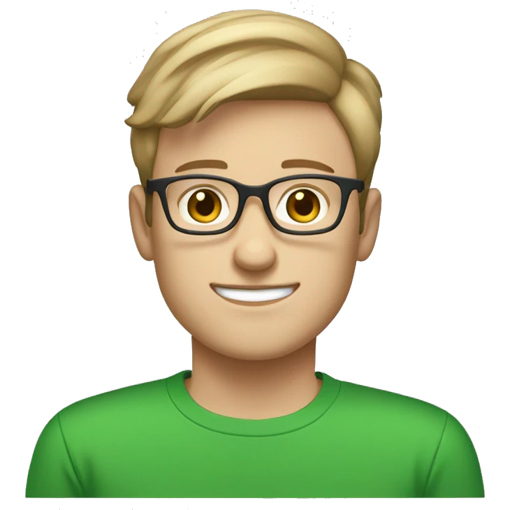 white young man with blue eyes and light brown hair and square glasses wearing green t-shirt using laptop emoji