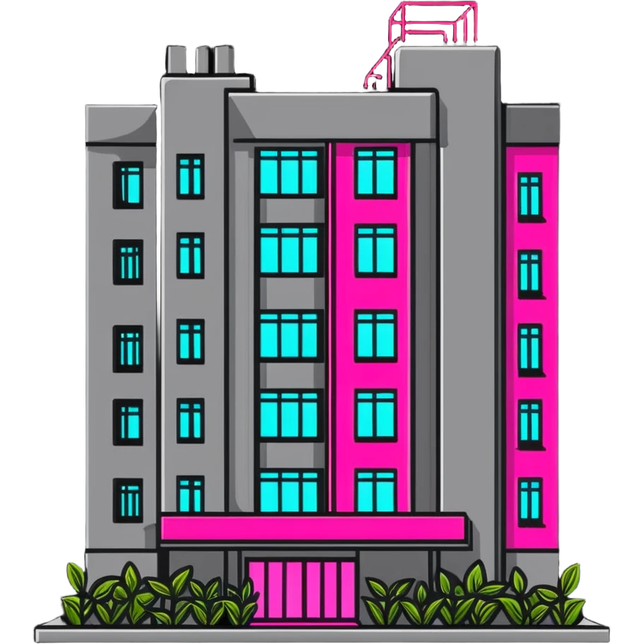 Soviet-era concrete panel apartment building with bright neon pink glow from a window where plants are growing emoji