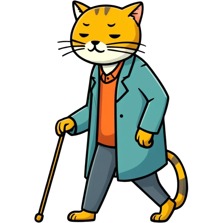 Golden cat with old blind man and his walking stick emoji