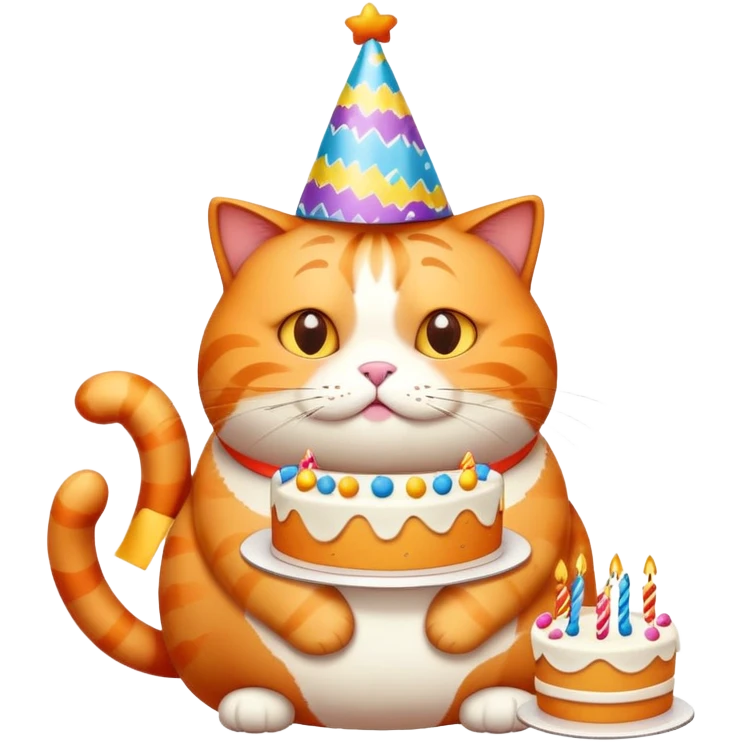 Fat orange cat with birthday hat and streamers and a cake emoji