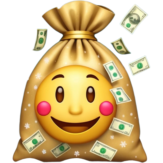 3D emoji style, money bag with dollar bills, New Year theme, snow particles, festive lighting, rich vibe, high detail, transparent background

 emoji
