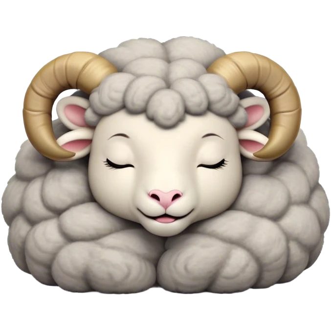 Meme-Worthy Cute Sleeping Ram Portrait Emoji, Head resting peacefully with a contented smile, showcasing a robust build and a luxuriously soft woolly grey fur with gently curled horns, eyes shut in a serene, restful nap, Simplified yet hilariously adorable features, highly detailed, glowing with a soft, drowsy light, high shine, relaxed and utterly lovable, stylized with an air of playful laziness, bright and heartwarming, soft glowing outline, capturing the essence of a comically sleepy ram, so meme-worthy it feels like it could instantly become the next viral sensation of adorable slumber! emoji