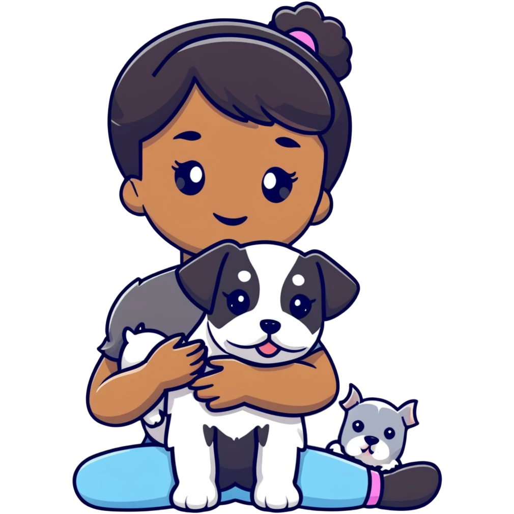Black girl with short bangs holding a white schnauzer puppy emoji