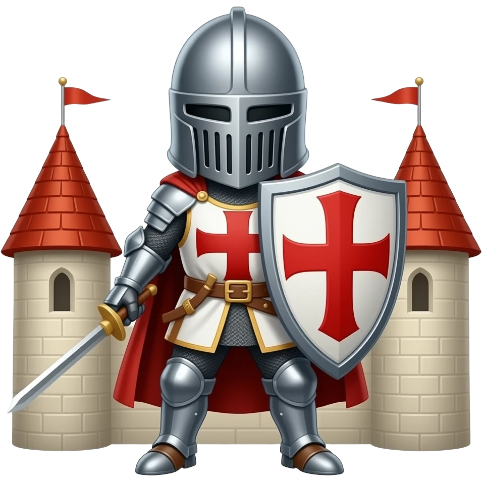 Un caballero templario con escudo blanco y rojodefendiendo un castillo emoji