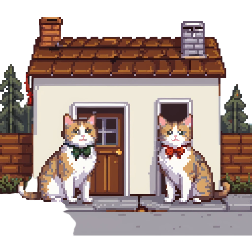 two happy cats in love with a house behind them that has a bow on the roof emoji