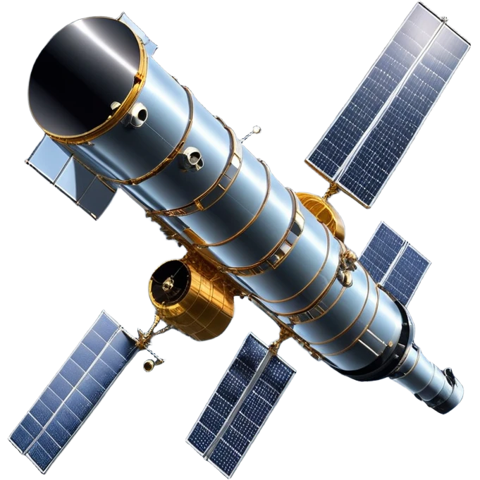 cinematic-realistic-hubble-space-telescope-emoji, an awe-inspiring, ultra-detailed depiction of the Hubble Space Telescope floating in space, its large, reflective metallic surface gleaming against the backdrop of the infinite blackness. The telescope's vast solar panels extend outwards, catching the light from distant stars, while its intricate, cylindrical body showcases advanced, precise engineering. The telescope's large, hexagonal lens is pointed towards the cosmos, surrounded by mechanical components, wires, and sensors. The detailed textures of the telescope’s metallic exterior, the shiny reflective coating, and the intricate grid-like solar panels are sharply contrasted against the void of space, with distant stars and nebulae faintly visible in the background, adding to the sense of scale and technological marvel; rendered with extreme realism and attention to detail. emoji