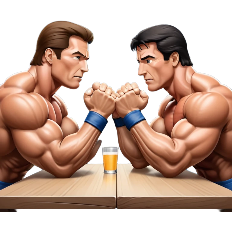 Arnold Schwarzenegger and Sylvester Stallone from 'Over the Top,' locked in an arm wrestling battle, using only their right hands. Their left hands rest on the table. Both display immense strength, with muscular arms flexing, under bright competition lights. Transparent background. emoji
