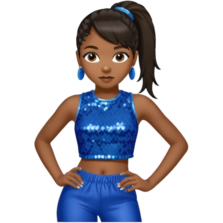 Left Eye from TLC with long dark brown ponytail hair, blue sequin crop top and pants emoji