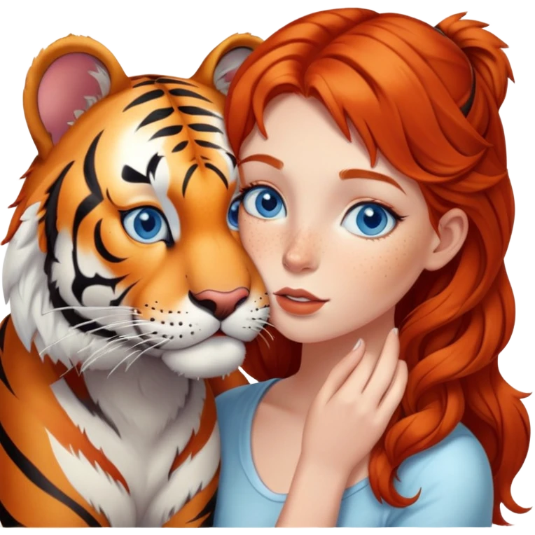 blue-eyed redhead girl kissing tiger emoji