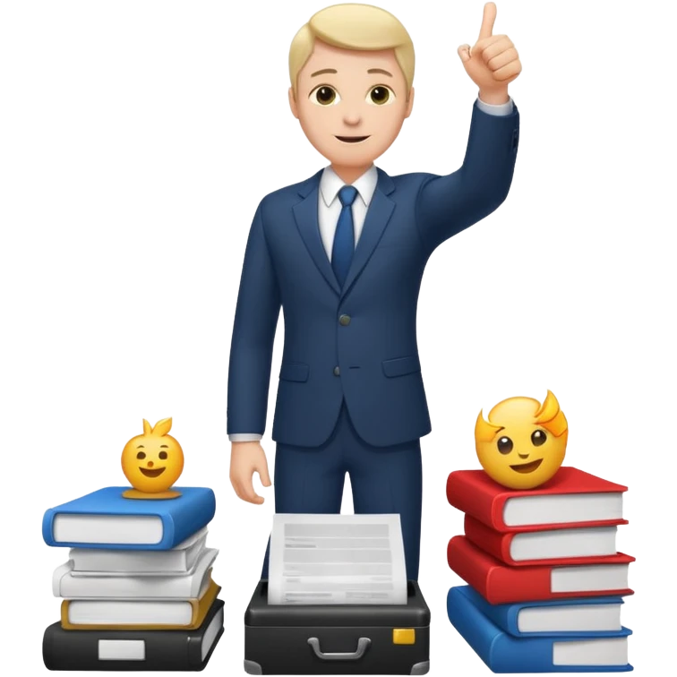 man standing on a pile of paperwork, raising a thumb up emoji emoji