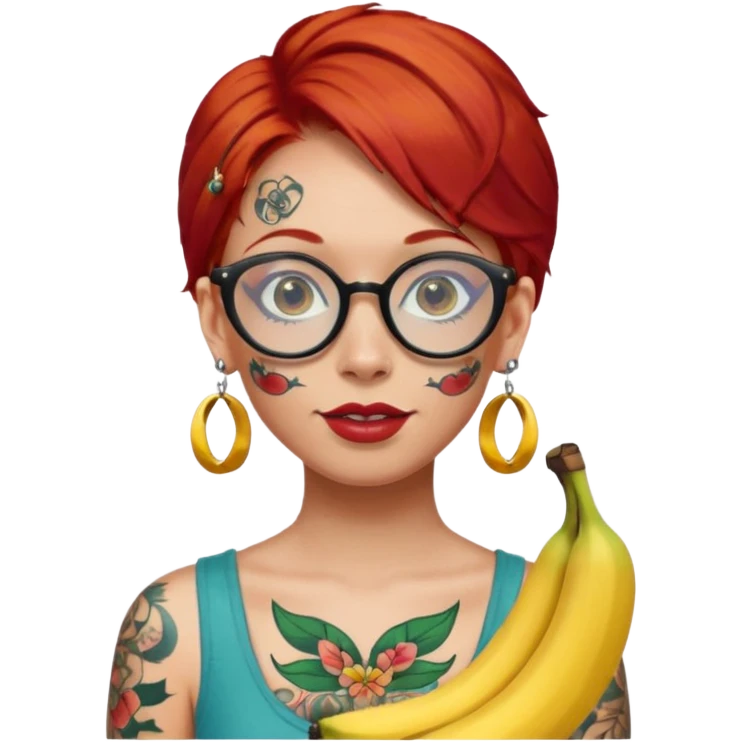 red hair woman with extra  big earring and face tattoed and wearing big banana glasses emoji