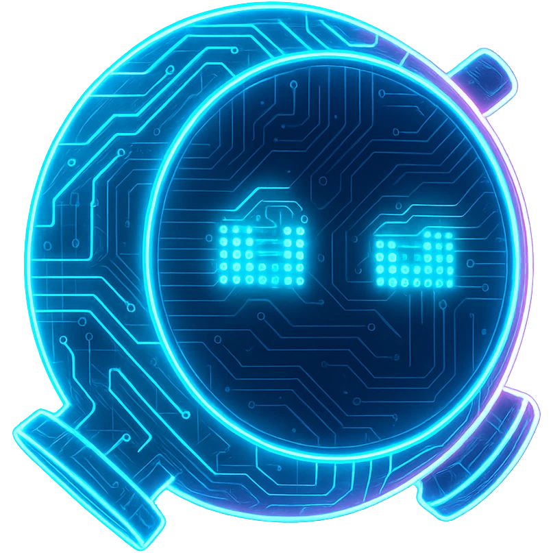 Transform the friendly robot from Main Assembly into a cyberpunk, holographic style with glowing neon blue and pink edges, circuit patterns throughout the entire robot, and a transparent background. Maintain the recognizable round robot shape and friendly face, overlaying neon and circuit effects in the same futuristic, clean style as previous cyberpunk icons. The whole robot should have a consistent cyberpunk glow and intricate circuit details in a futuristic, clean style. emoji