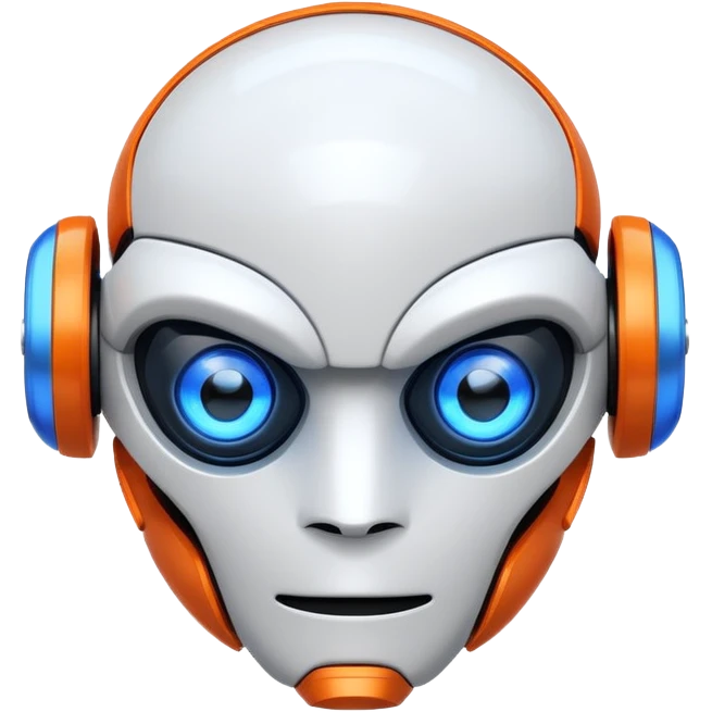 "Cartoon-style robot head with glowing blue eyes, white shell, orange-tipped arms, and blue gradient background" emoji