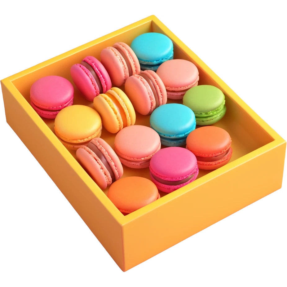a box of macarons with a clear window on top, soft lighting, vibrant colors, appetizing and elegant, iOS 3D emoji style emoji
