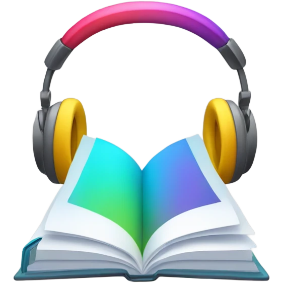 A minimalist emoji in iPhone style, showing an open book wearing over-ear headphones, with bright colors and a transparent background. emoji